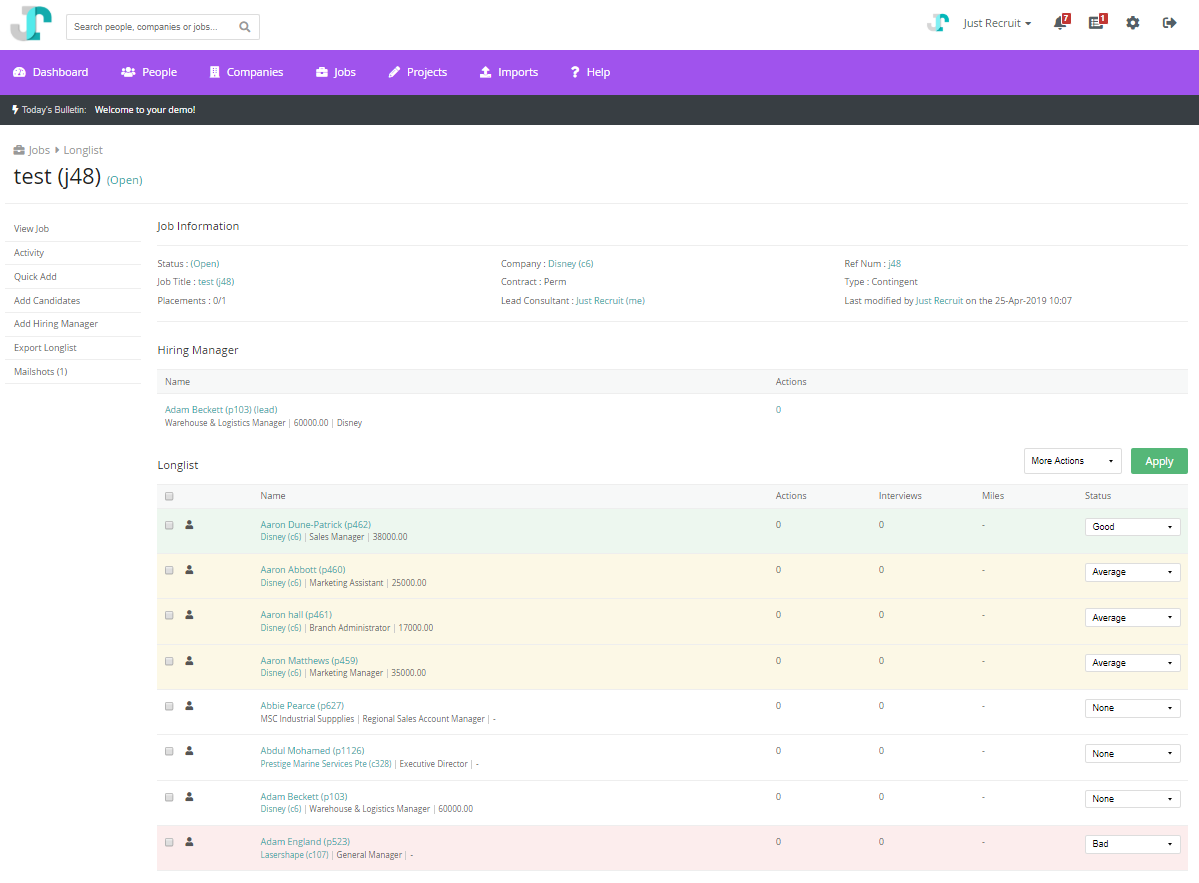 Applicant list screenshot
